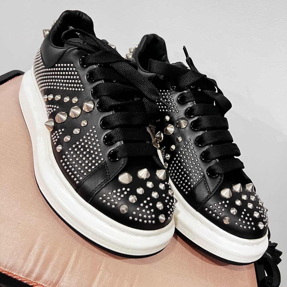 Alexander McQueen Black Leather Studded Sneakers with White Soles